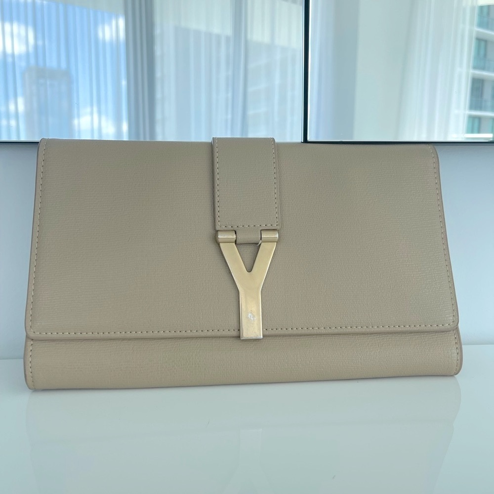 Yves Saint Laurent Taupe Clutch with Gold Y-Clasp